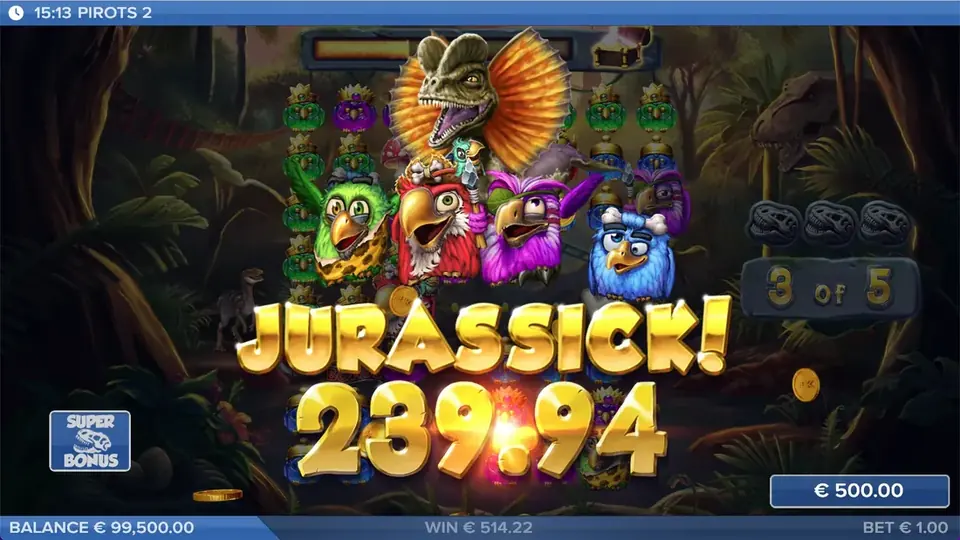 Pirots 2 Jurassick win screen with win animation