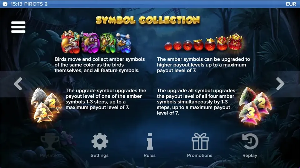 Pirots 2 paytable level 2 with symbols and values