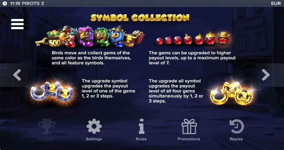 Pirots 3 paytable level 2 with symbols and values