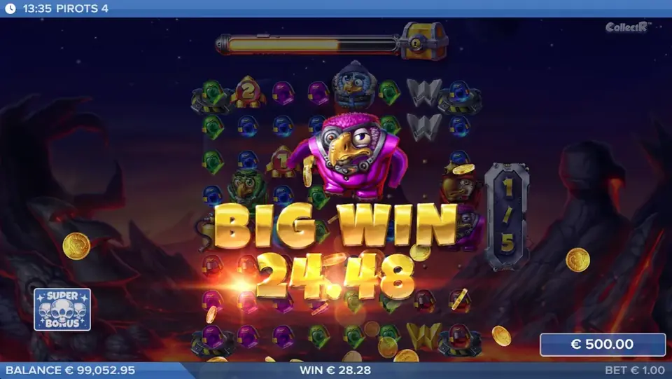 Pirots 4 big win screen with win animation in Inferno