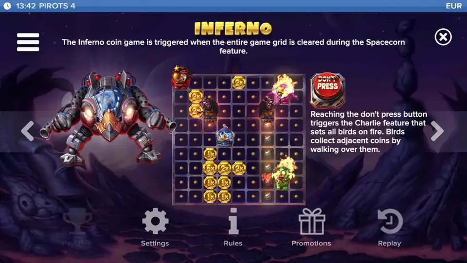 Pirots 4 paytable level 7 with symbols and values in Inferno