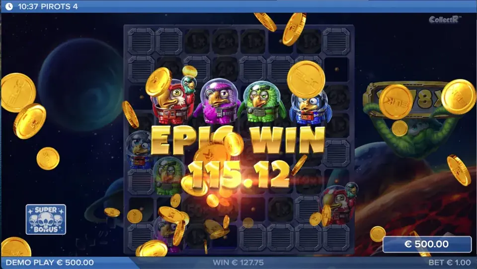 Pirots 4 epic win screen with maximum win effect in Lost in Space