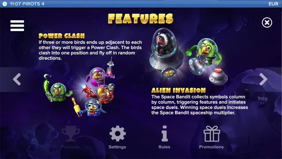 Pirots 4 paytable level 5 with symbols and values in Lost in Space