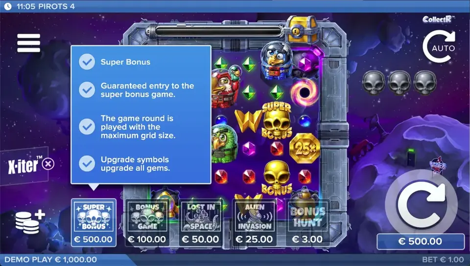 Pirots 4 X-iter buy mode with all price levels in Lost in Space