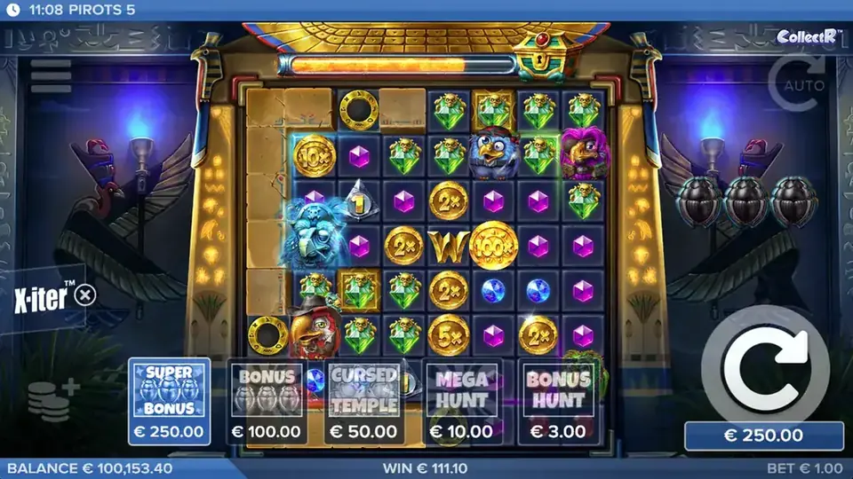Pirots 5 base game symbol collection and upgrades on the grid