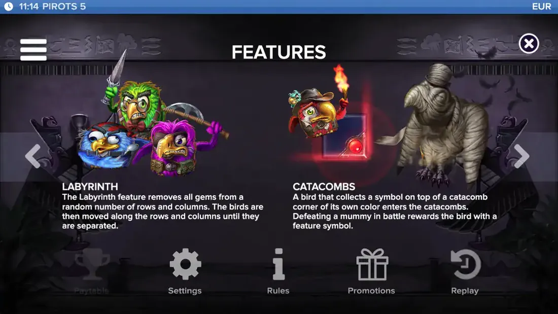 Pirots 5 catacombs and Labyrinth feature