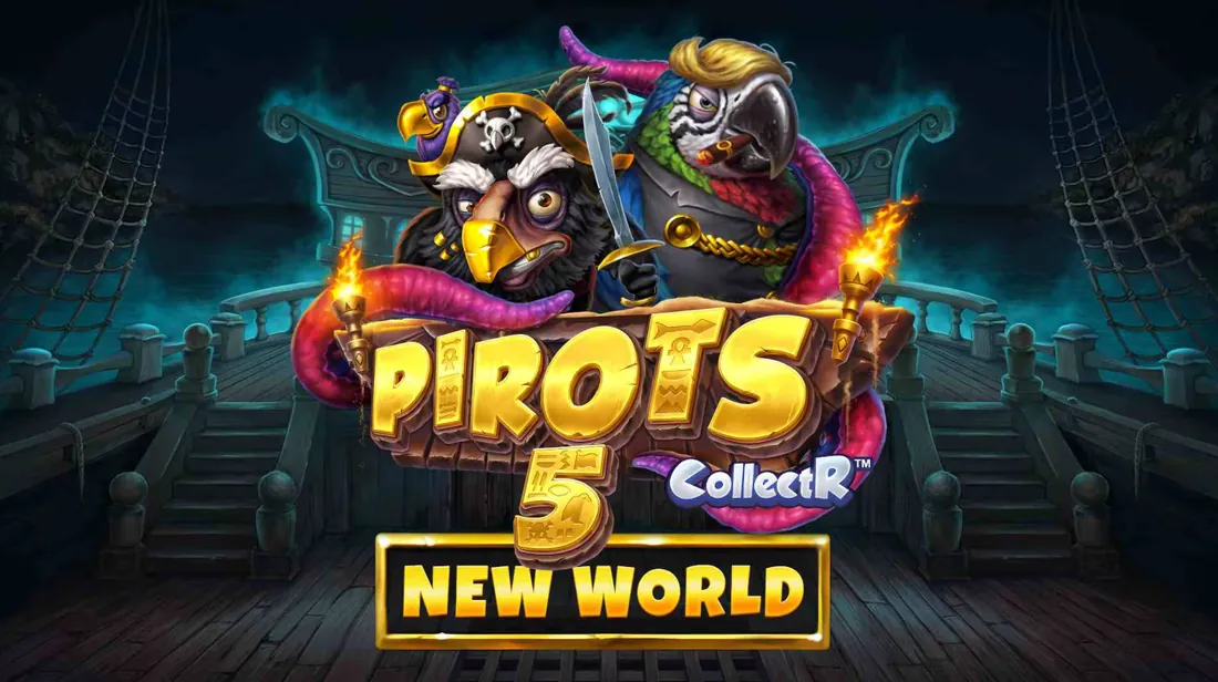 Pirots 5 New World promotional banner with Captain Redfeather, Aaron and the Kraken's tentacles