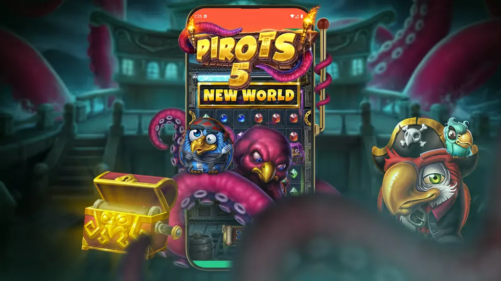 Pirots 5 The Kraken on a smartphone showing the grid, a treasure chest and tentacles