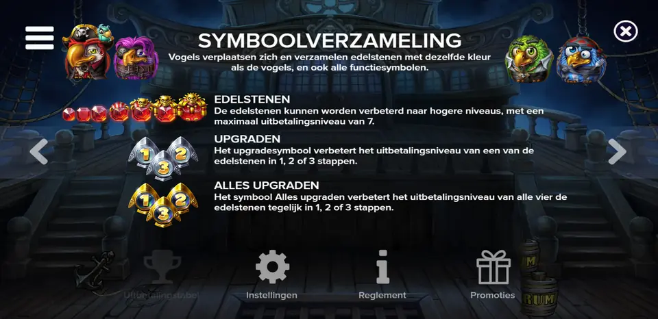 Information screen about symbol collection and gem upgrades in Pirots 5 The Kraken