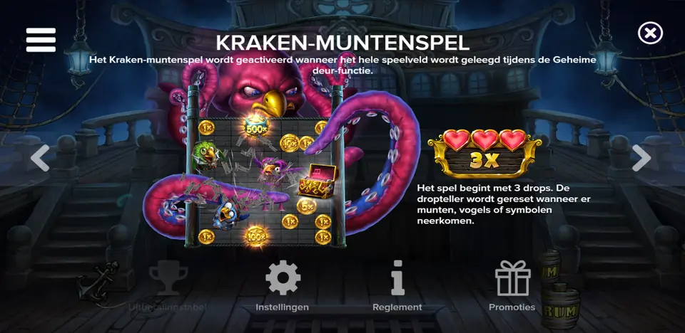 Information screen showing the traps in Pirots 5 The Kraken: arrow trap, anchor trap and secret door