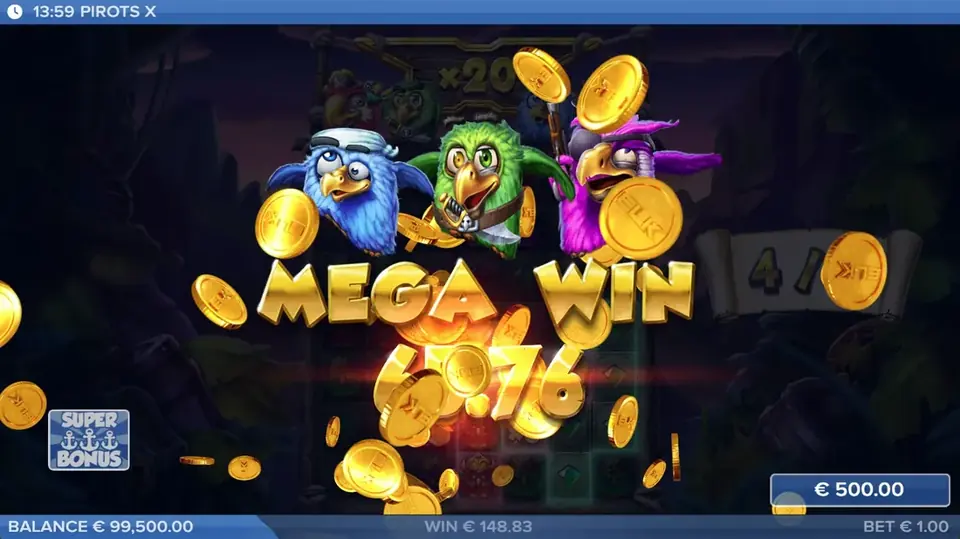 Pirots X mega win screen with win animation