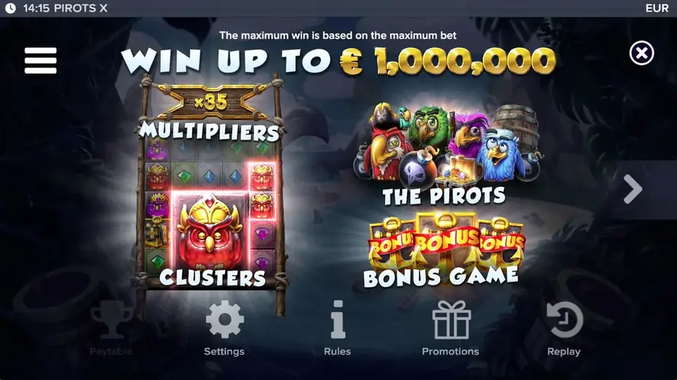 Pirots X paytable level 1 with symbols and values