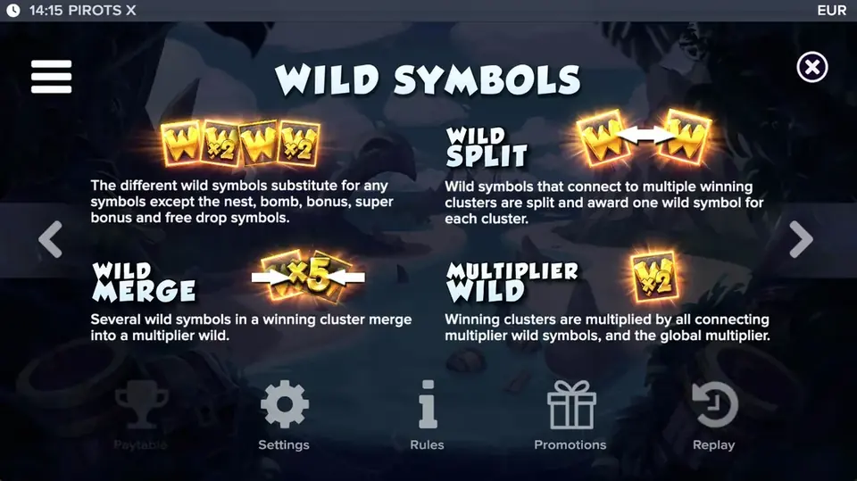 Pirots X paytable level 4 with symbols and values